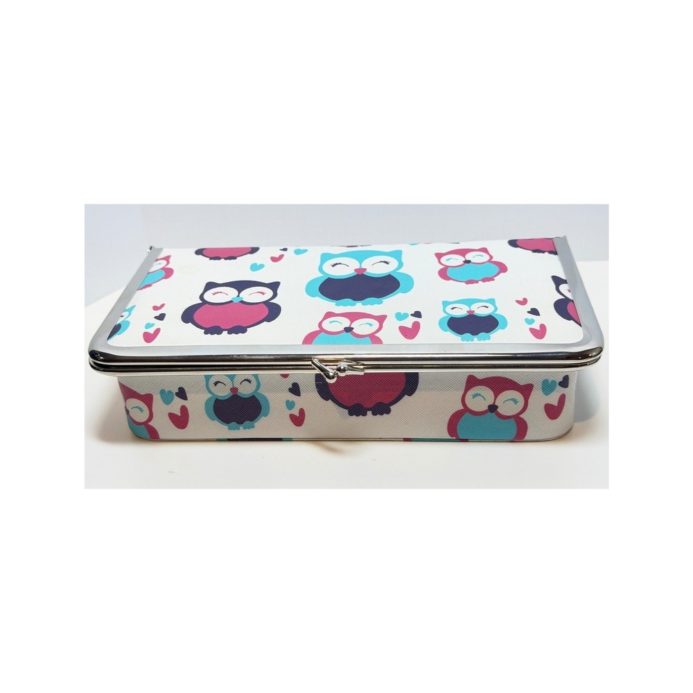 Colorful Owl Jewelry Box Washable Textured Vinyl Kiss Lock Organizer